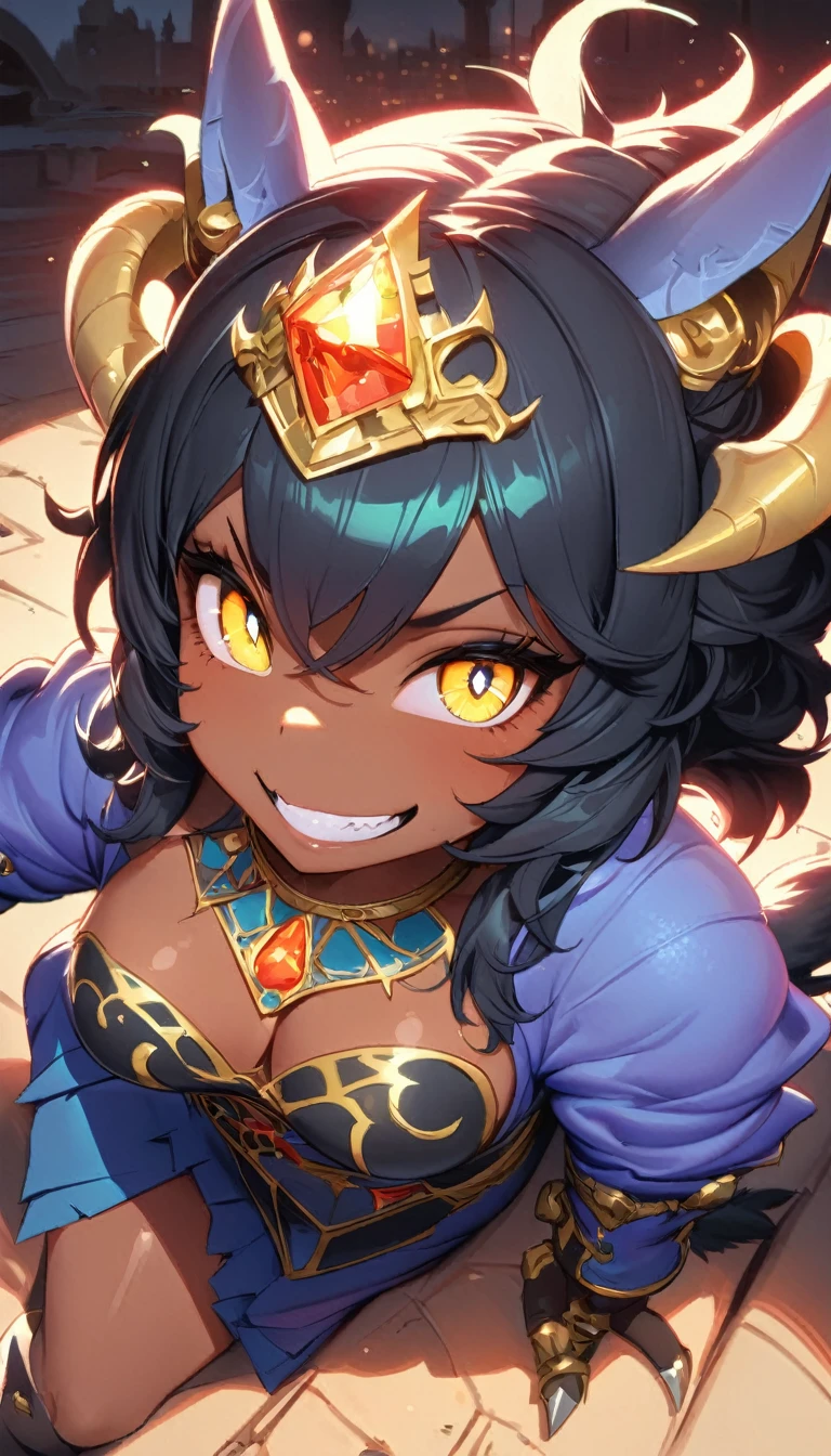 best quality,4k,8k, highres, masterpiece:1.2), ultra-detailed, extremely detailed eyes, extremely detailed body, (large masterpiece digital art), (detailed manga illustration), (detailed line art), ((perfect anatomy)), (intricate details:1.3), (ultra-detailed:1.3), (illustration:1.3), (sharp focus:1.3), (natural lighting:1.05), (vivid colors:1.3), (masterpiece), (best quality:1.4), (perfect anatomy:1.4), high quality, expressive eyes, full body, detailed face, beautiful face, perfect face, 1girl, ((dark skin)), animal ears, black sclera, smile, colored sclera, breasts, solo, monster girl, black hair, (wolf ears), large breasts, curvy, wide hips, long hair, ((gold eyes)), claws, grin, fur, looking at viewer, collar, ((dynamic action pose)), tail, (wolf tail), {(dragon horns)}, demon horns, wings, sadistic smile, hair over eye, {regal outfit}, tiny crown, blue fire, curvy, sexy dress, dark skin, cinematic lighting, dramatic atmosphere, Beautiful woman, dragon spear in hand, Jeff Bridges, ((cartoon style)), Marvel Cinematic Universe style, (((hell castle in the background))), soft bokeh of hellscape, Atey Ghailan, Jeremy Mann, Greg Manchess, Antonio Moro, trend in ArtStation, trend in CGSociety, Intricate, High Detail, Sharp focus, dramatic and photorealistic painting art by Midjourney and Greg Rutkowski,