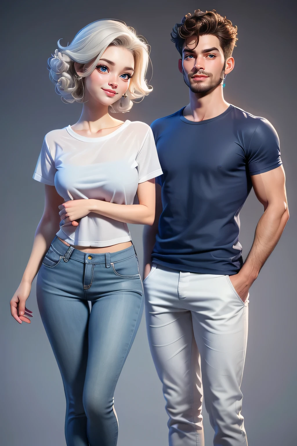 A couple,1 man (25yo) , , sexy pose, handsome face, curly hairstyle, , seductive smile, white casual t shirt, short pants, A hyper realistic carricature ,photorealism,of a 1 skinny woman 25 yo.with random hair style,standing.wearing blue casual t shirt ,jeans ,light smile, high detail,3d render,high definition. .grey background