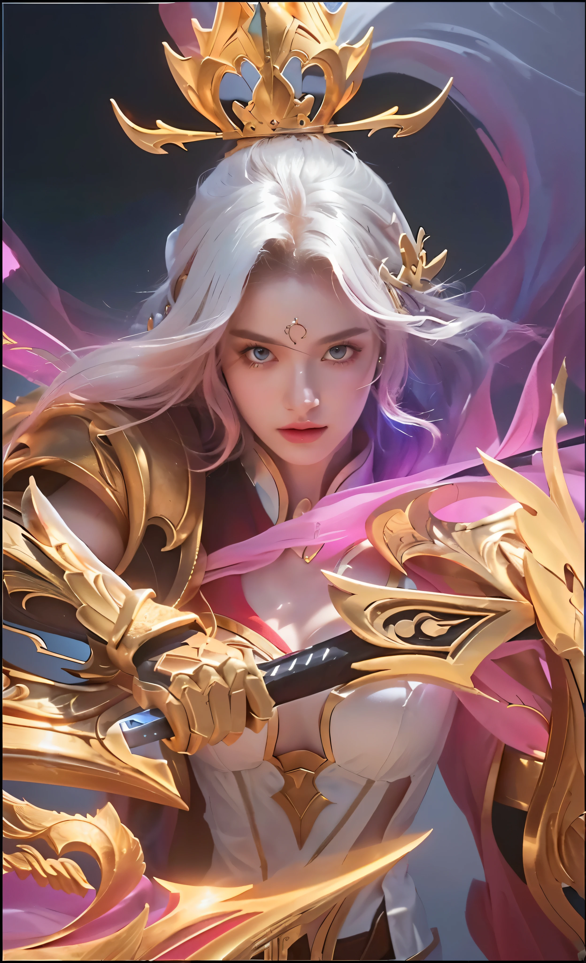 a woman with a sword and a crown on her head, white and red hair, portrait of a knights of zodiac girl, freya, beautiful detailed eyes, beautiful detailed lips, extremely detailed eyes and face, long eyelashes, intricate armor, dramatic lighting, cinematic composition, vibrant colors, digital painting, concept art style, high fantasy, epic, heroic, powerful, majestic, magical, mystical, (best quality,4k,8k,highres,masterpiece:1.2),ultra-detailed,(realistic,photorealistic,photo-realistic:1.37)