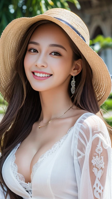 (masterpiece, Highest quality:1.1), (8K, RAW Photos, Photo realistic:1.2, f22), (Shiny skin), Detailed skin, Detailed face, smilee,fine grain,Long Hair, break, Real World, (Very detailed, Cleavage), Intricate details, smile, One Girl, (shirt)、 (Overseas tourist attractions:1.4)