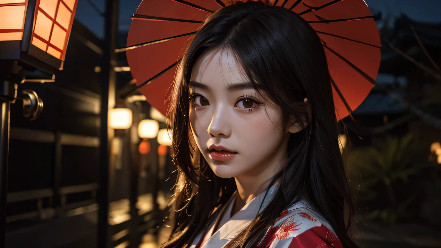 1girl (Rina Takeda), japanese, realistic features, perfect face(lush detail), small brown eyes, very long black hair, wearing black yukata (red spider lily print) and red obi, Shinto Shrine at night, volumetric lighting, realistic lighting, 8k, masterpiece, (hyperrealistic), (absurdes), (ultrasharp), (masterpiece), (best quality), (8k), (uhd), (highres), (hyper detailed), (lush detail), looking at viewer