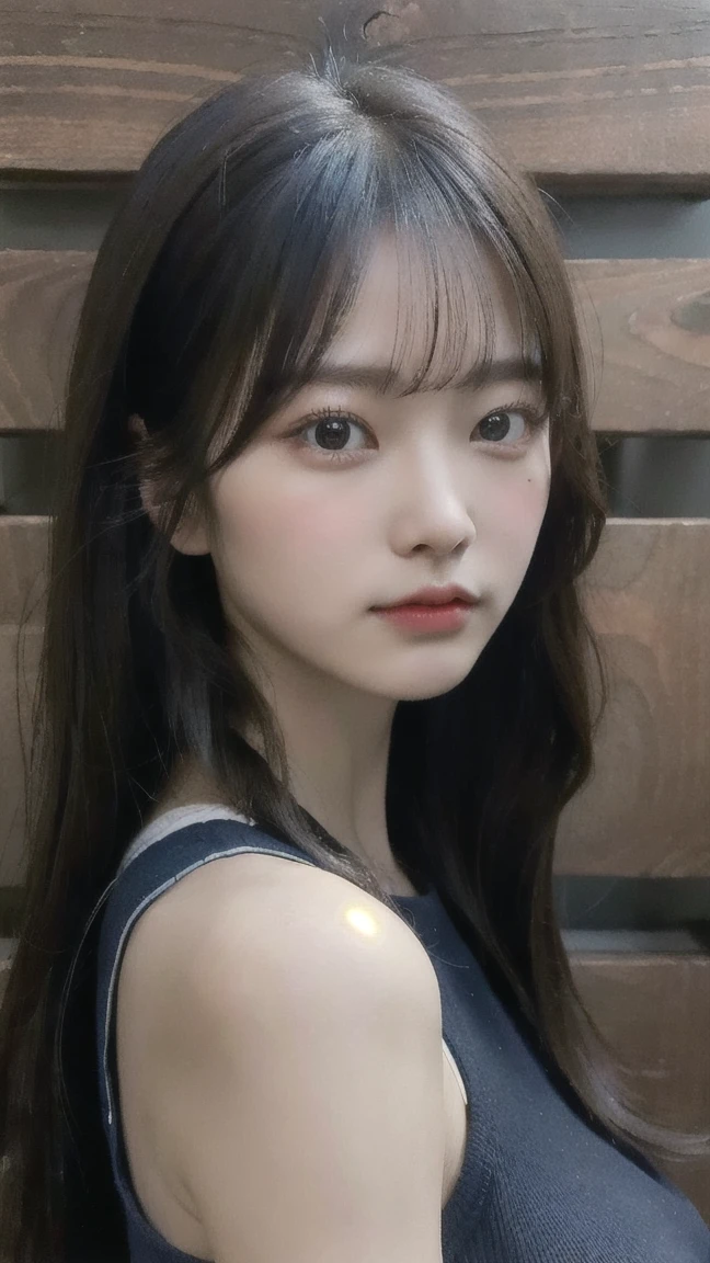 Portrait of a young East Asian girl in a navy blue and white sailor-style . She has long black hair styled in two braids, with straight bangs across her forehead. The girl has large, dark eyes and a small, delicate nose. Her expression is neutral, looking directly at the camera. The background shows a dark blue wooden wall with some green ivy or vine leaves visible to the side. The lighting is soft and natural, creating a slightly moody atmosphere. High-resolution image with sharp focus on the face
