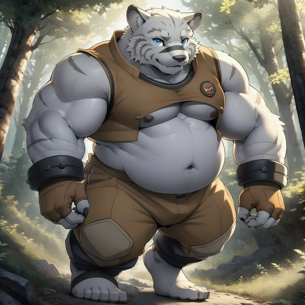 Animal kingdom Tank Hero Academia Shonen Anime style, full body image, Casual, neighborhood style, big obese teen, in sport clothes, He is a huge obese Sumo in huge obese weight gain process, detailed face, detailed eyes, detailed nose, defined face, big belly, high resolution settings, settings to fix face, high resolution settings, face fix settings, Whismical model, detailed eyes, detailed hands best quality,realistic lighting, male, anthro,muscular, muscular male, solo, bodily fluids, abs, pecs, muscular anthro, hi res, nipples, detailed background, forest, (yohei:1.2), (perfect eyes:1.2),white fur,  (ultra detailed paws), Wearing a thong