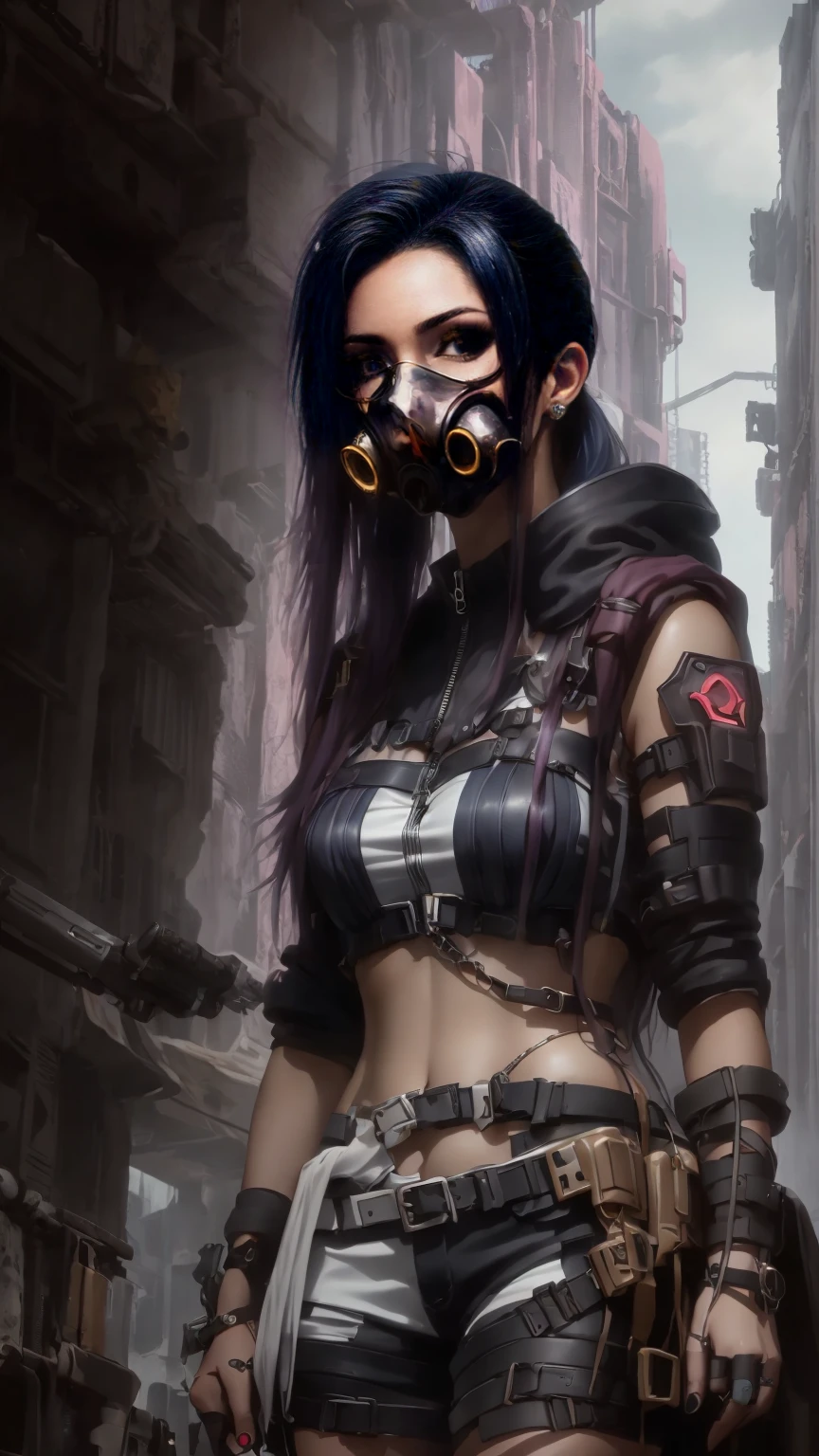 plano general, whole body:1.4, a post-apocalyptic cyberpunk android with short blue hair, an extremely large and perfectly shaped bust, A provocative pose, gas mask, detailed facial features:1.5, skin texture, Hyper realistic, 8k, ultra detailed, Masterpiece, photorealistic, dramatic lighting, Color change, dramatic depth of field, intricate mechanical details, Intricate Circuits, bright neon accents, science fiction dramatic atmosphere, cinematographic composition