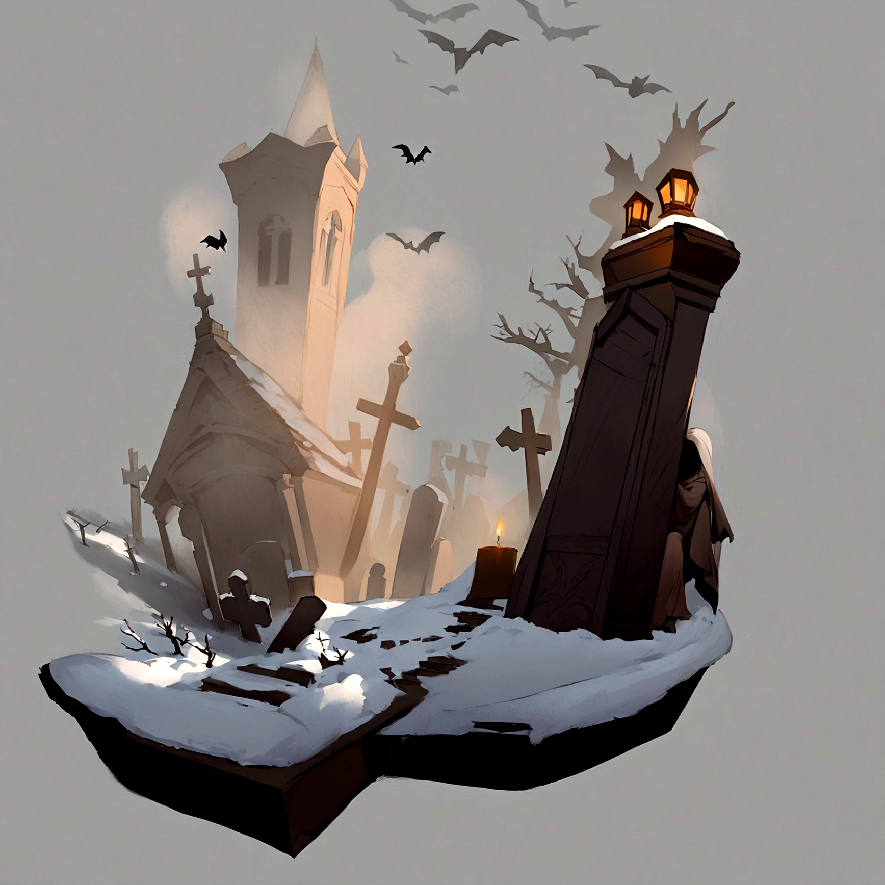 This is an illustration depicting a graveyard scene. In the picture, one can see several tall tombstones and a church, with bats flying around. The ground is covered with a layer of snow, creating an eerie and chilly ambiance. In this piece, the artist employs dark hues to evoke the mood of the night and utilizes contrasting colors to accentuate the effect of candlelight. Furthermore, through skillful use of light and shadow, he enhances the sense of three-dimensionality and spatial depth. All in all, it is a highly successful piece of concept art that effectively communicates the mystique and horror associated with graveyards.