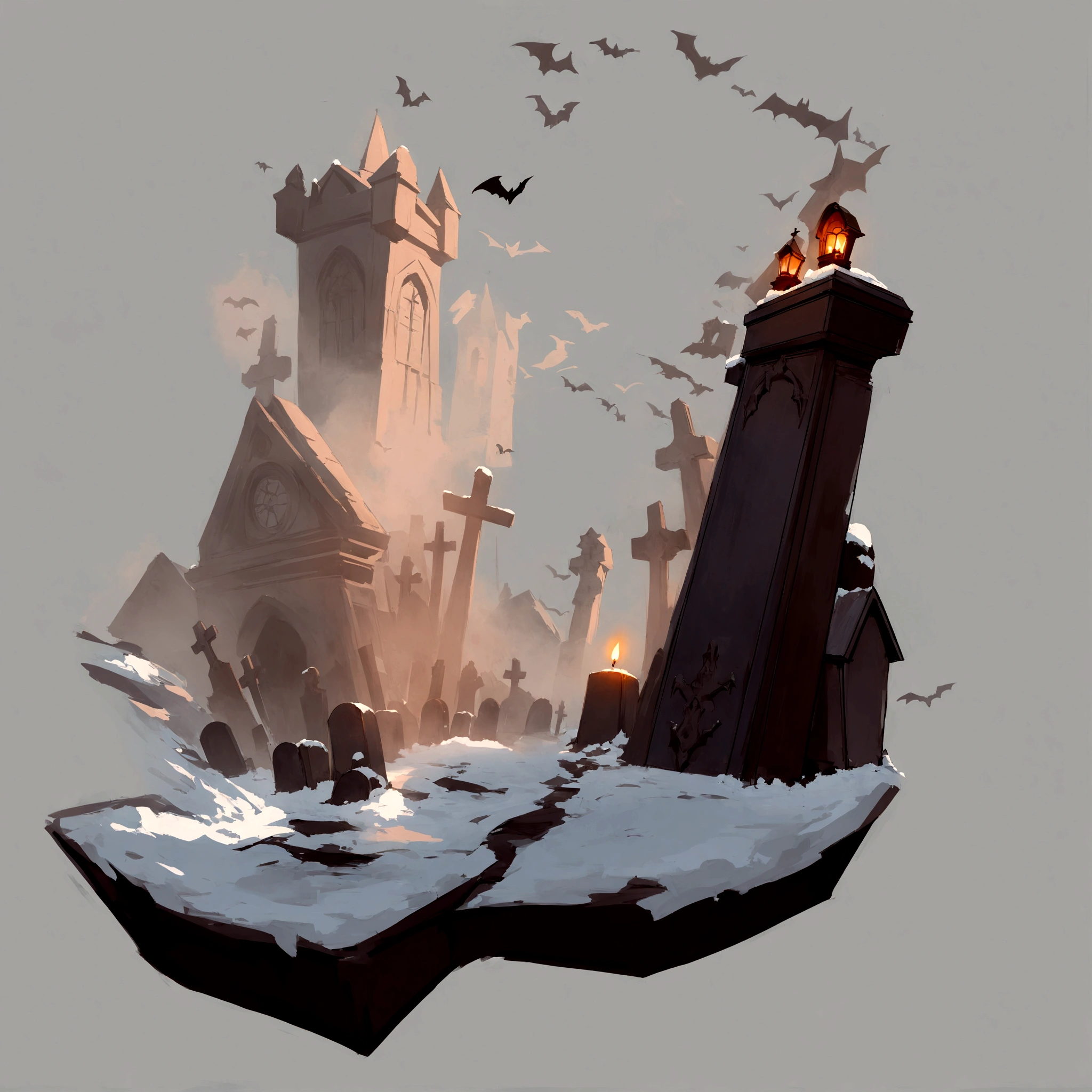 This is an illustration depicting a graveyard scene. In the picture, one can see several tall tombstones and a church, with bats flying around. The ground is covered with a layer of snow, creating an eerie and chilly ambiance. In this piece, the artist employs dark hues to evoke the mood of the night and utilizes contrasting colors to accentuate the effect of candlelight. Furthermore, through skillful use of light and shadow, he enhances the sense of three-dimensionality and spatial depth. All in all, it is a highly successful piece of concept art that effectively communicates the mystique and horror associated with graveyards.