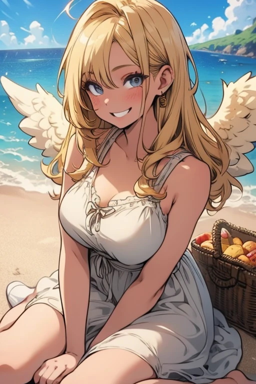 perfect face, perfect hands. A blonde haired female angel with hazel eyes and golden wings in a cute summer dress is picnicking on the beach with a big smile
