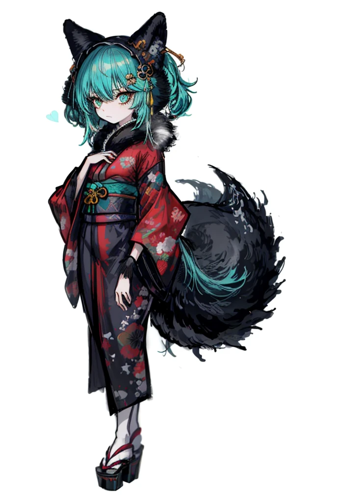 1girl, ocean turquoise hair, kitsune, tail fur ,kimono, noble, elegant, beautiful clothes, (high resolution, high detail, best quality),
black background, shy