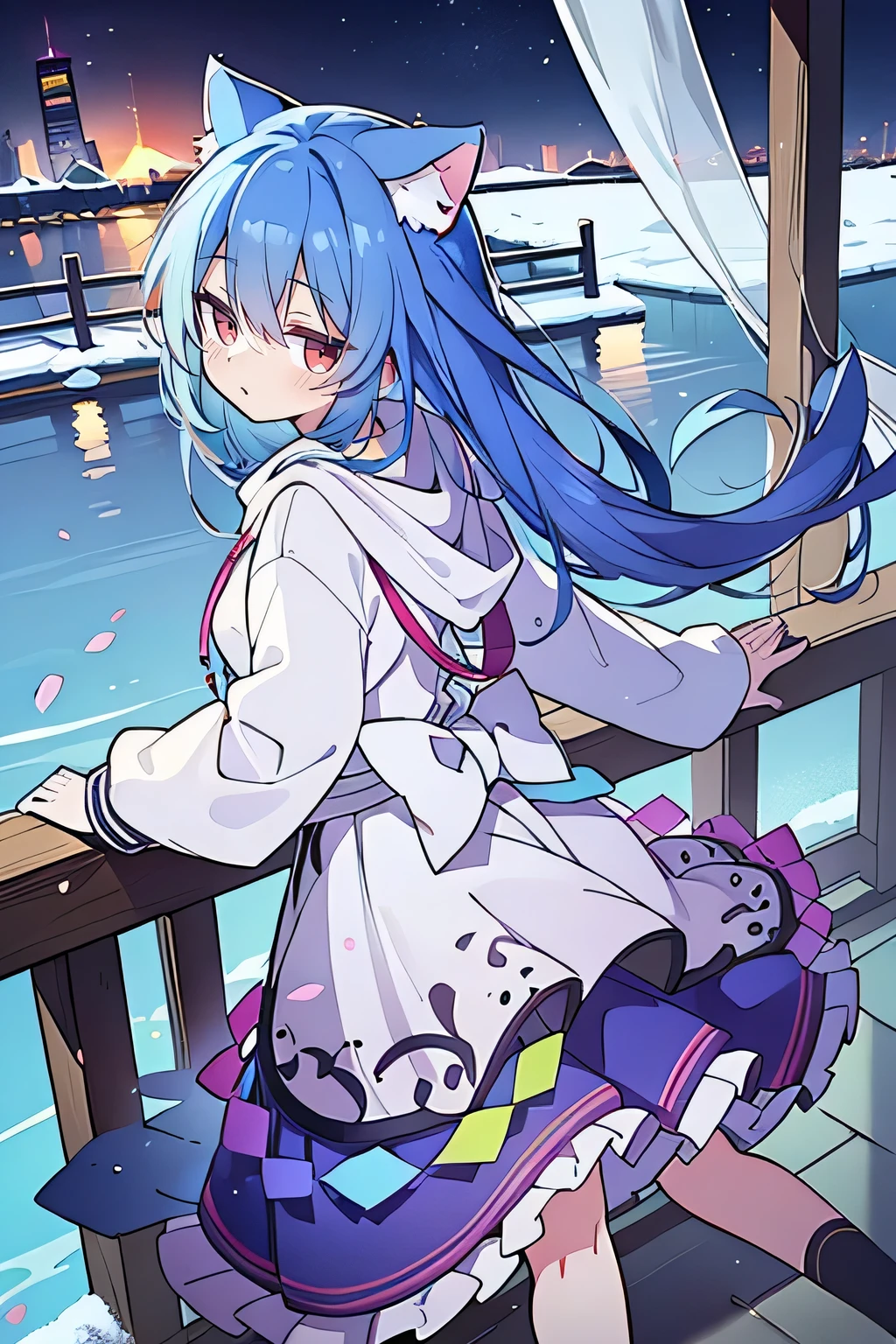 (masterpiece:1.2),Super detailed,lifelike,Expressive eyes,fair skin,perfect face shape,1 girl,
Japanese comics,Gorgeous blue hair,flowing blue hair,flowing clothes,Cat ears,Petals fall,beautiful lola,Baby Angel,
Shaking head with one hand,Cross your legs,Gentle and peaceful background,The pavilion is cool and comfortable,smile, wearing hoodie, background of tokyo,back views,snowing, winter,lie on the water.