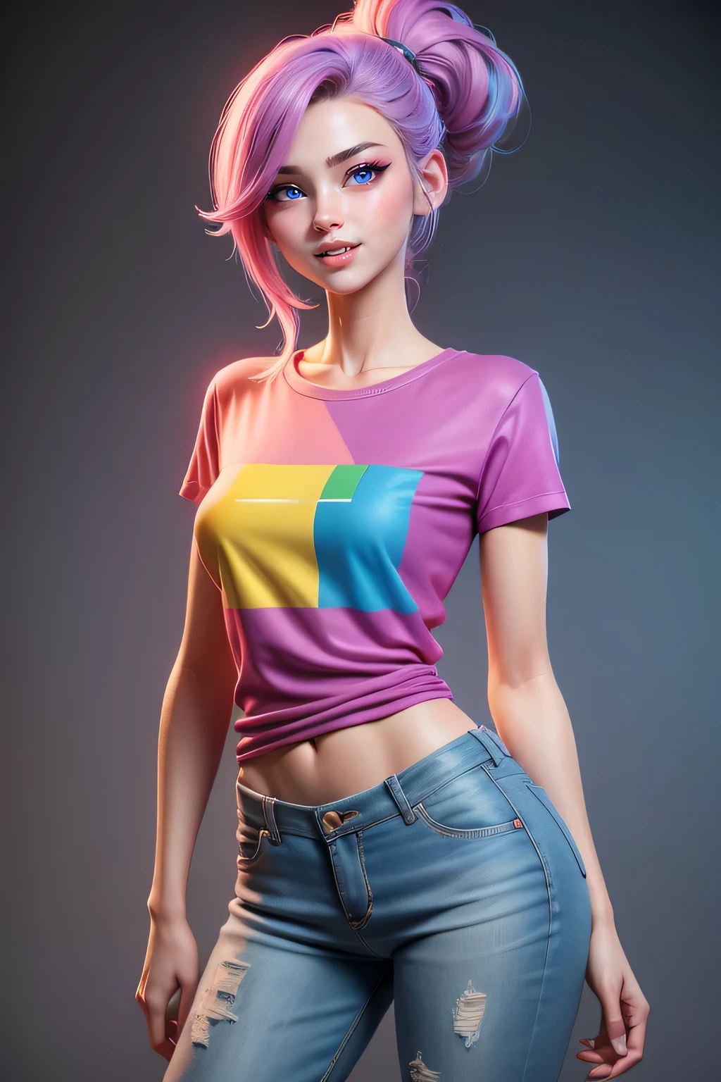 A hyper realistic carricature ,photorealism,of a skinny woman 25 yo.with random hair style,standing.wearing sexy colourful tshirt ,light smile, high detail,3d render,high definition.medium body