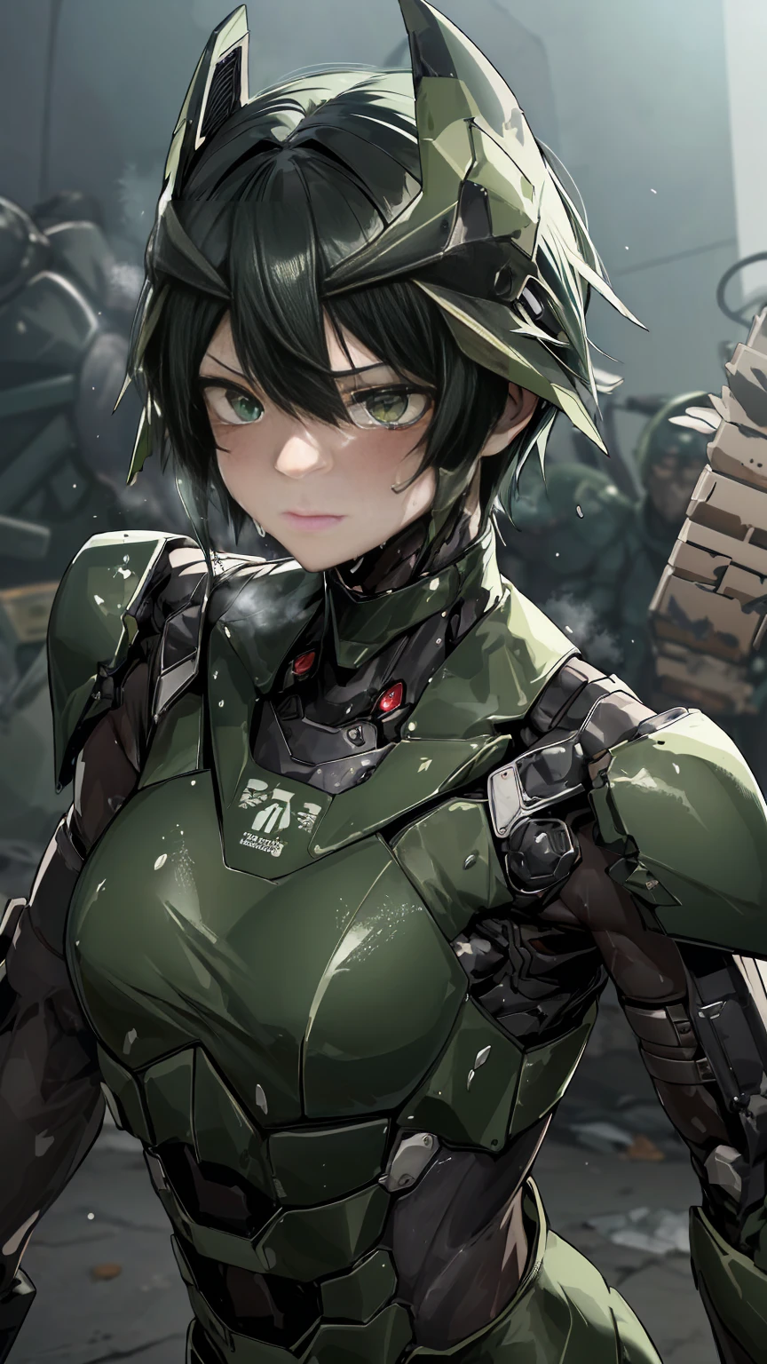 , Advanced Details, high quality, 最high quality, High resolution, 1080P 、Bleeding from the wound、Sexy Eyes、Wearing green and black、cute((The whole body is sweating))(Equipped with a damaged battle suit....)(Dark green armor)(Broken Armor)Black Hair、Chiquita、short hair、Open your mouth、Crying face、It hurts again、Healthy Skin、20-year-old female　defeat　(Steam coming out of the face) ((Steam from the body)) 　Unable to fight　Severe attacks　((Sinking to the ground)) Ground cracking　Headgear is broken.　)) flying debris　bare hands　Armor Stripping　Sweaty head　Sweaty face　Sweat flies　Headgear explodes　(No exposed skin)