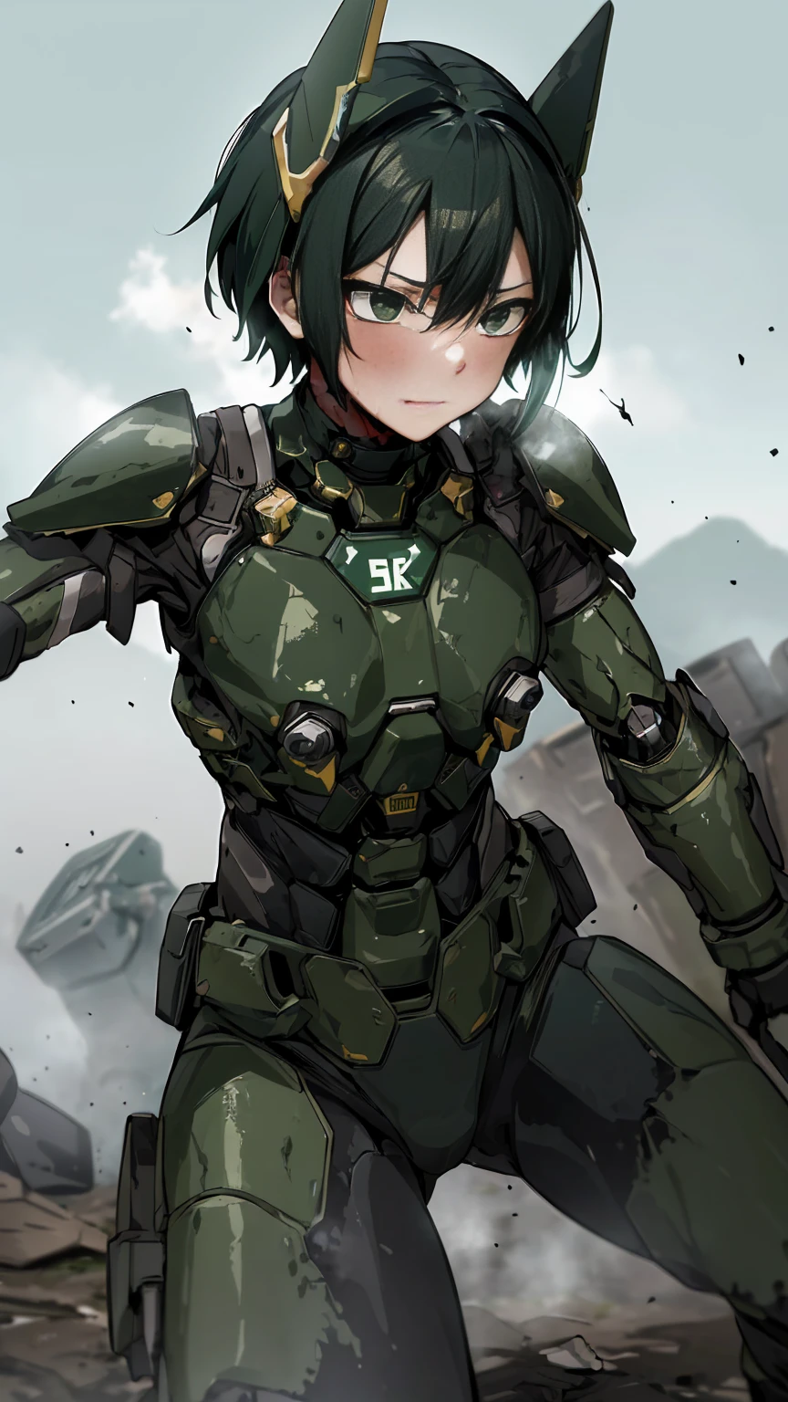 , Advanced Details, high quality, 最high quality, High resolution, 1080P 、Bleeding from the wound、Sexy Eyes、Wearing green and black、cute((The whole body is sweating))(Equipped with a damaged battle suit....)(Dark green armor)(Broken Armor)Black Hair、Chiquita、short hair、Open your mouth、Crying face、It hurts again、Healthy Skin、20-year-old female　defeat　(Steam coming out of the face) ((Steam from the body)) 　Unable to fight　Severe attacks　((Sinking to the ground)) Ground cracking　Headgear is broken.　)) flying debris　bare hands　Armor Stripping　Sweaty head　Sweaty face　Sweat flies　Headgear explodes　(No exposed skin)