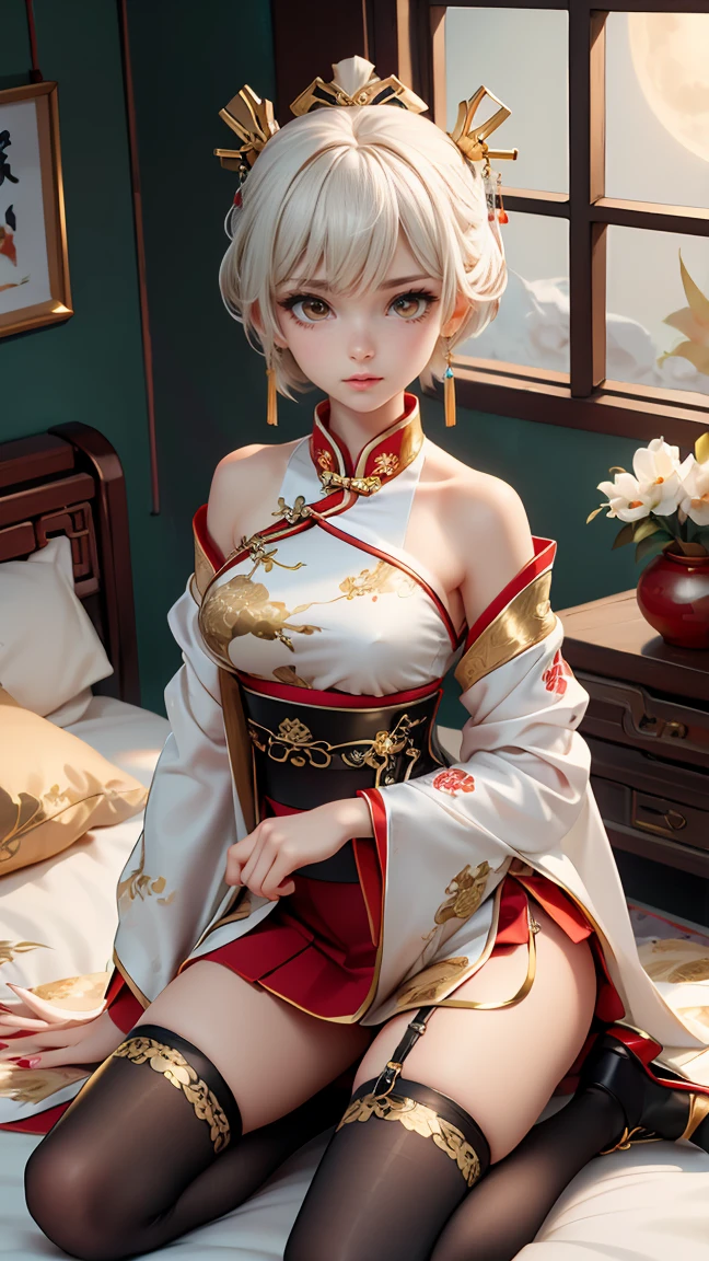 A very beautiful 19-year-old woman, (white hair:0,5), bob haircut, short hair, (yellow eyes:0.5) bright golden eyes, red nails, young beautiful face, muscular, slim but well-proportioned body, perfect white skin, highly detailed drawing, realistic face. (((Wearing traditional Chinese imperial clothes black With gold details:0,8))) ((red skirt with contour golden,)) (with red Hanafuda earrings,) (garterbelt black thigh-high socks.) Kneeling on a white bed in an ancient Chinese room, with a full moon and stars visible through the window, with light flashes reflecting on her body. 4k anime art, perfect lighting.
