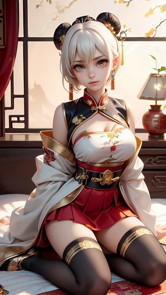 A very beautiful 19-year-old woman, (white hair:0,5), bob haircut, short hair, (yellow eyes:0.5) bright golden eyes, red nails, young beautiful face, muscular, slim but well-proportioned body, perfect white skin, highly detailed drawing, realistic face. (((Wearing traditional Chinese imperial clothes black With gold details:0,8))) ((red skirt with contour golden,)) (with red Hanafuda earrings,) (garterbelt black thigh-high socks.) Kneeling on a white bed in an ancient Chinese room, with a full moon and stars visible through the window, with light flashes reflecting on her body. 4k anime art, perfect lighting.
