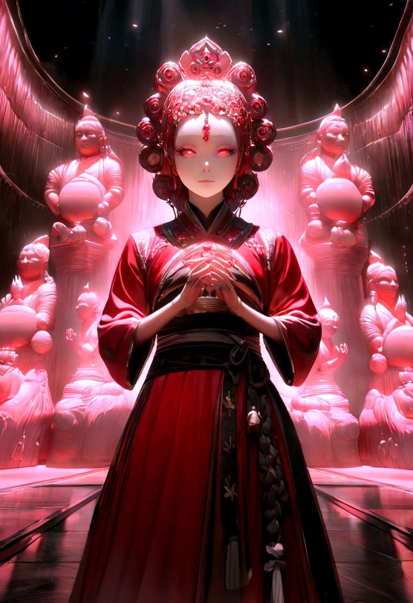 A small Taoist monk stands in front of a transparent reddish Buddha statue，Reach out，Glow effect，Dindal effect，Depth of written boundary，highlight，Real Light，Ray Tracing，OC Rendering，Surreal，Highest quality，8K，Masterpieces，Ultra-fine，More about pubic hair，Correct Anatomy，Sharp focus on the eyes，Bokeh，The facial features are carefully drawn