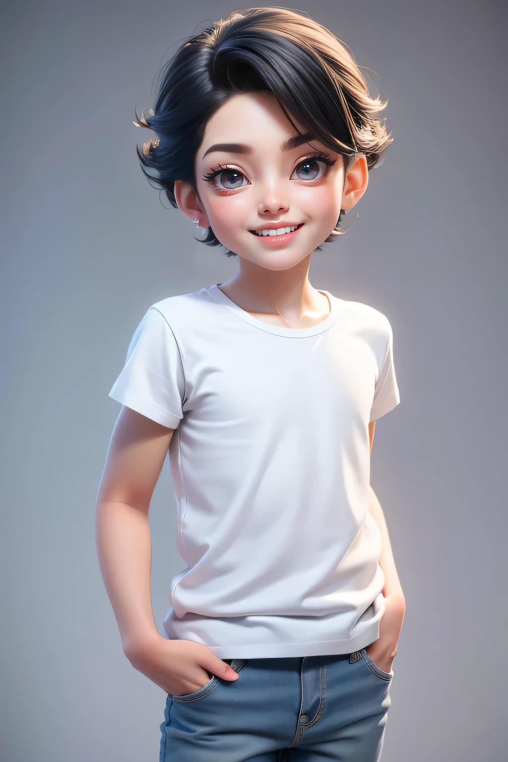 A couple,1 boy (5 yo) , , , handsome face, racurly  hairstyle, , seductive smile, white casual t shirt, short pants, A hyper realistic carricature ,photorealism,of a 1 skinny girl 5 yo.with random hair style,standing,wearing blue casual t shirt ,jeans ,light smile, high detail,3d render,high definition. .grey background