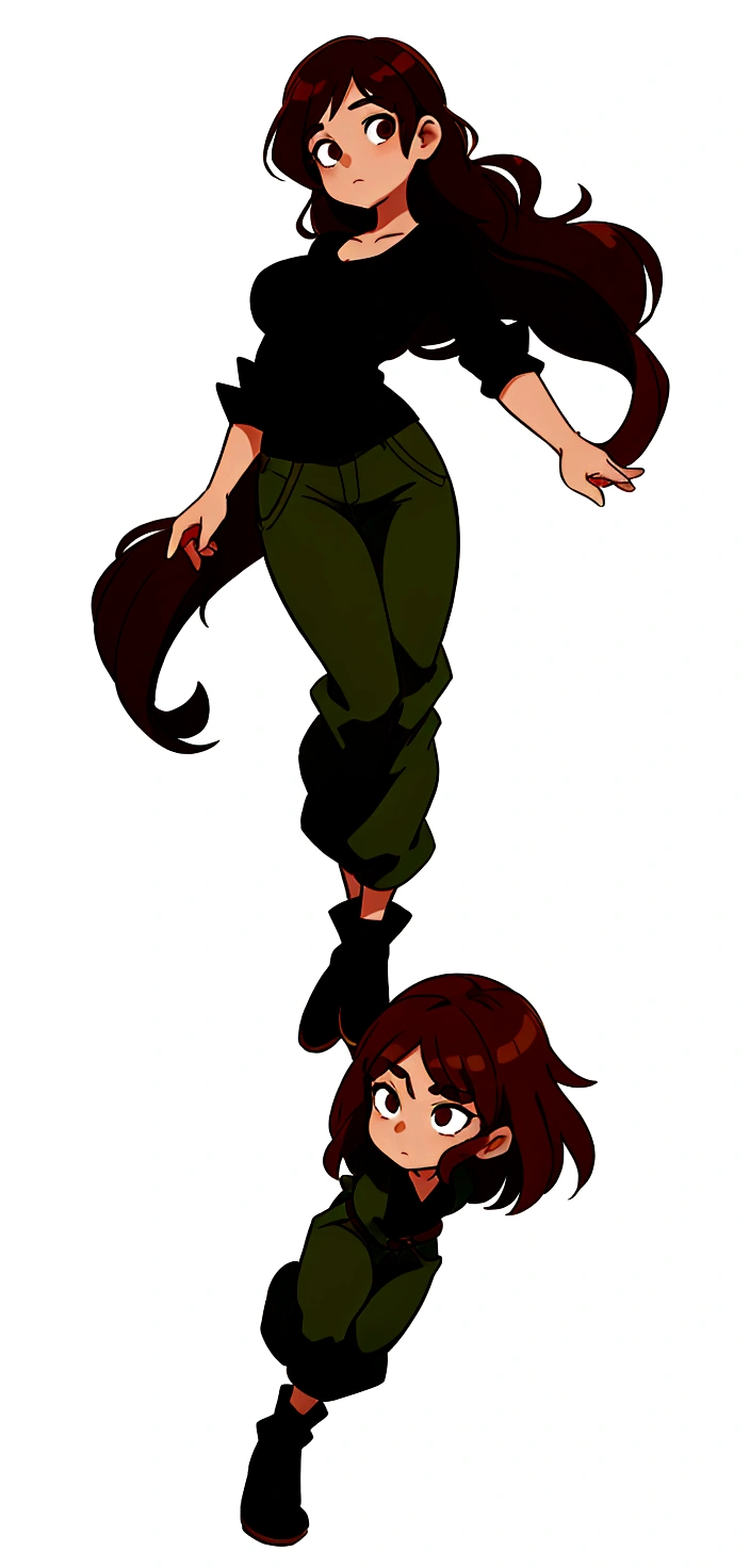 Girl with brown hair, green pants and black shirt, cel shaded!!!, single character full body, Random Pose, full body portrait of a short!, cel shaded:15, !!full-length portrait!!, Anime model in full growth, single character full body, female full body, oc render, Full-length female body,???