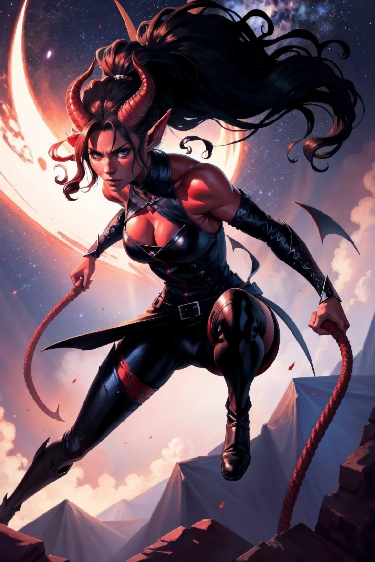 Busty Red skin succubus tiefling, large breasts, black horns, wings, huge tail, black leather, crop top, long flowing pelvic curtain, tall, toned, graceful, thin, long black ponytail. Action scene, whip. Dark scene, explosions, night sky.