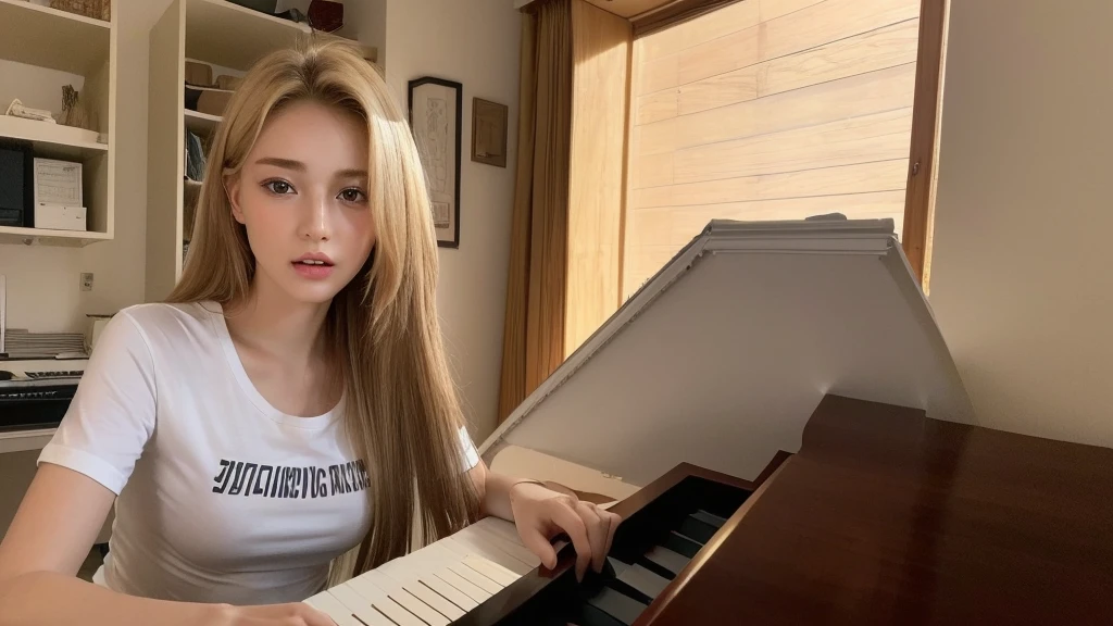 playing piano((best quality, 8k, masterpiece: 1.3)), ((beautiful russian woman)), 1 female, small breasts: 1.3, slim figure: 1.1, toned abs, Blonde semi-long hair, (office, Transparent T-shirt), Super detailed face, Detailed lips, delicate eyes, double eyelids, Realistic photo
