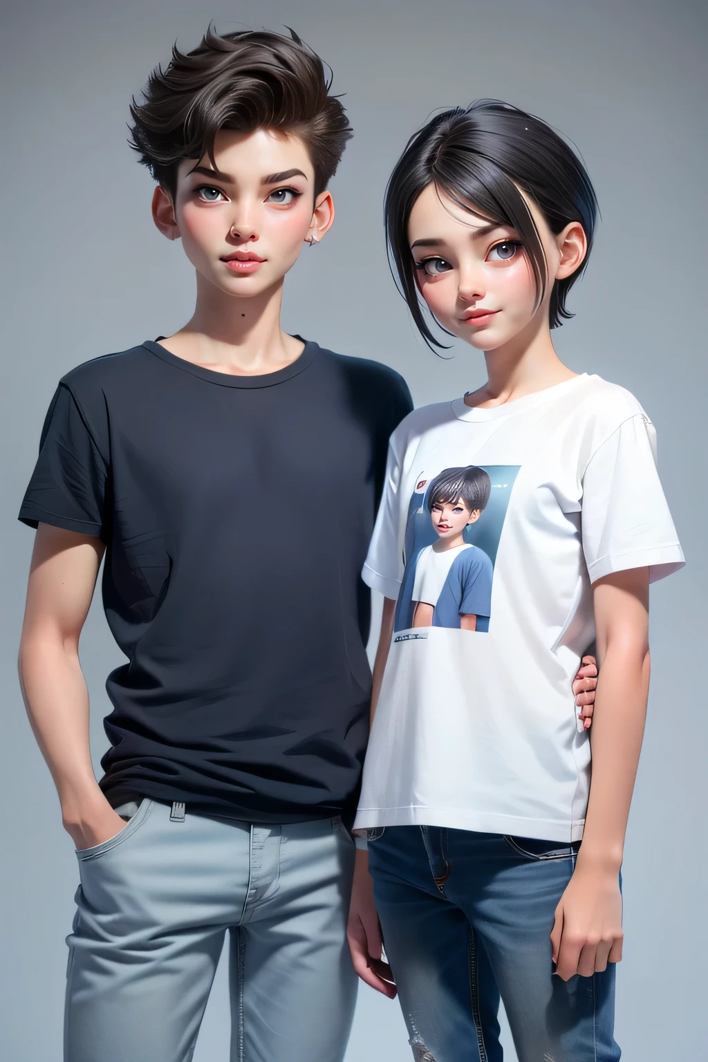 A couple,1 boy (10yo) , , , handsome face, racurly  hairstyle, ,, white casual t  shirt, short pants, A hyper realistic carricature ,photorealism,of a 1 skinny girl 10 yo.with random hair style,standing.wearing blue casual t shirt ,jeans ,light smile, high detail,high definition. .grey background