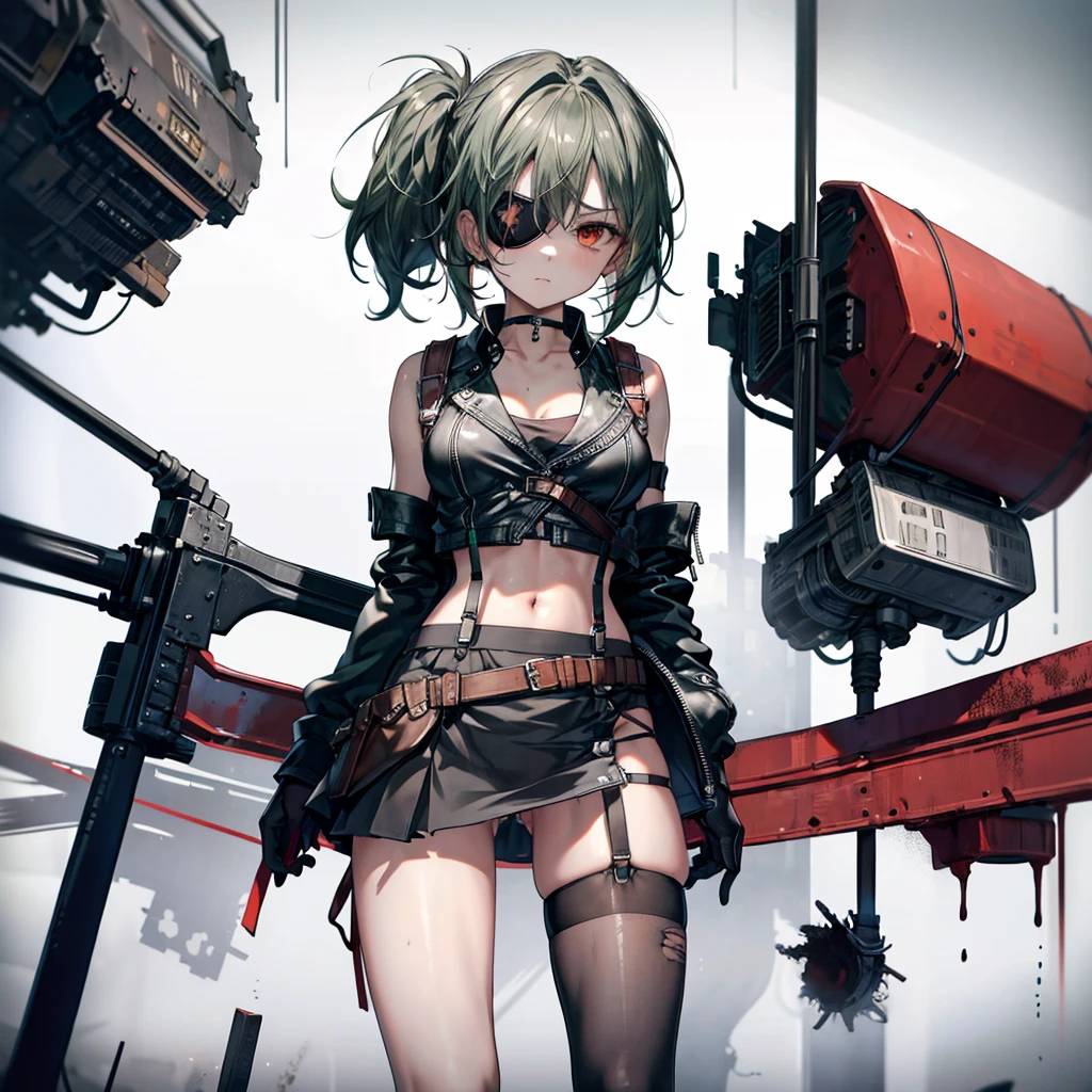 ((Highest quality)), ((masterpiece)), ((detailed)), (4K), 1girl, 独奏, red eye, (eyepatch), middle hair, messy hair, darkgreen hair, side ponytail, crop top, leather jacket, medium breasts, Torn miniskirt, suspender skirt, torn pantyhose, panties under pantyhose, choker, bracelet, (rain), (wet), gloves, see through, (expressionless), scowl, (from below), (looking down), looking at viewer, (open legs), wasteland, town