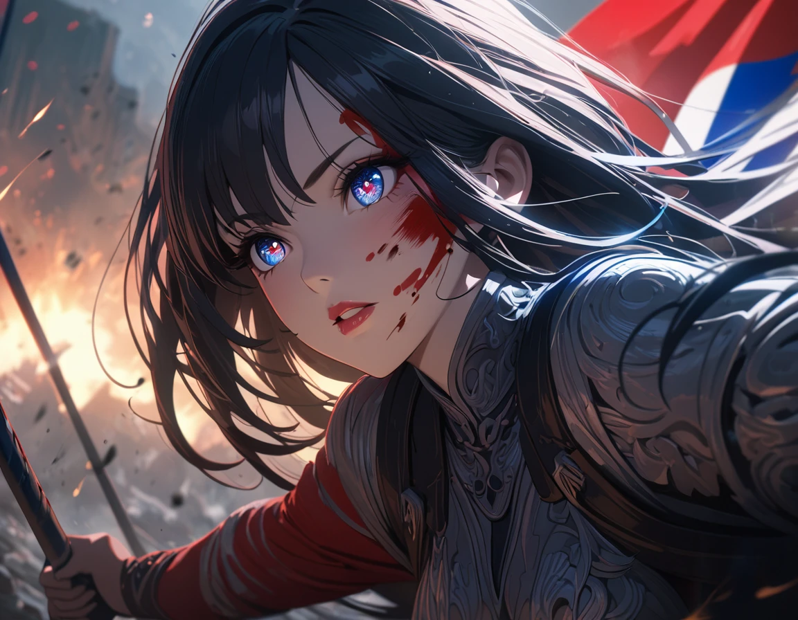 a beautiful anime girl, 1girl, detailed face, beautiful detailed eyes, beautiful detailed lips, long eyelashes, blood on face, fighting for freedom, Philippine flag, symbol of freedom, digital painting, intricate details, vibrant colors, dynamic pose, cinematic lighting, dramatic atmosphere, highly detailed, masterpiece,, 8k, ultra-detailed, cinematic, epic, powerful, emotional