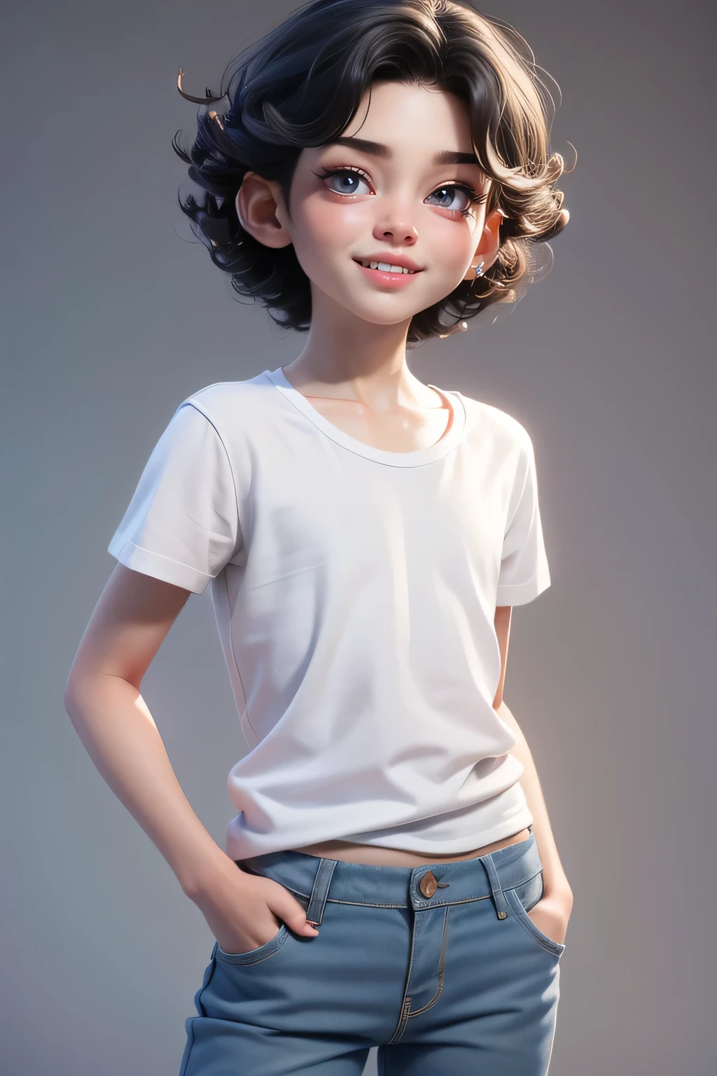 A couple,1 boy (5 yo) , , , handsome face, curly hairstyle, , seductive smile, white casual t shirt, short pants, A hyper realistic carricature ,photorealism,of a 1 skinny girl 5 yo.with random hair style,standing,wearing blue casual t shirt ,jeans ,light smile, high detail,3d render,high definition. .grey background