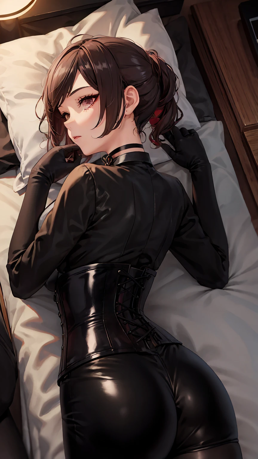 1 girl, Chiori \(genshin impact\), Alone, lying face down, perfect ass, View from above, choker:1.6, White long sleeve shirt with long sleeve collar, black leather corset, black gloves that cover your hands, shiny black leggings, inside, depth of field, expressionless, at night