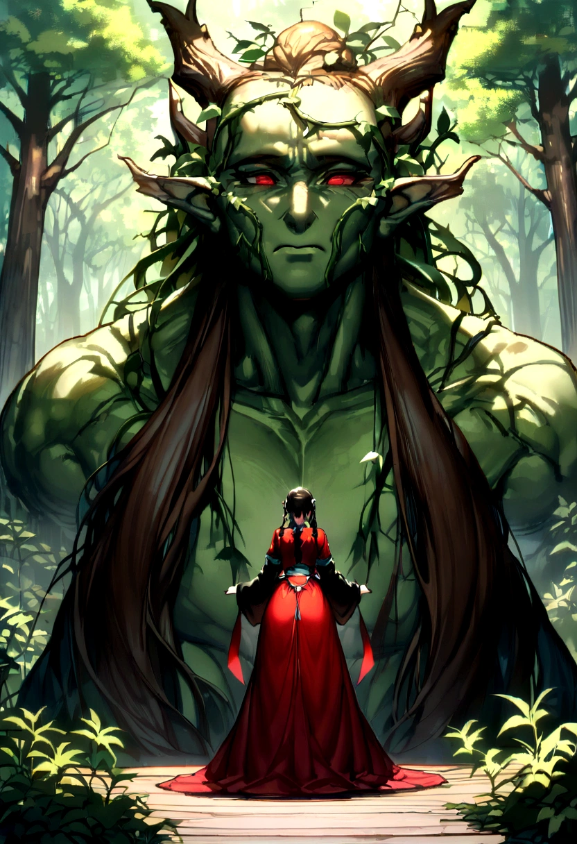 black and dark red color scheme,(tmasterpiece), (Best quality), Cinematic quality,Rendered by Octane,Ultra-detailed details,1人,Face of a young man,Facial detail portrayal,Perfect facial features,(trees growing like crazy:1.5),mapu,wood chips,splash,The air is filled with green toxic gas,Particle,vines flying, staredown, watch audience, Ancient Chinese Hanfu,(Full body lesbian :1.3), (Behind him,There is a huge wooden dragon:1.5)