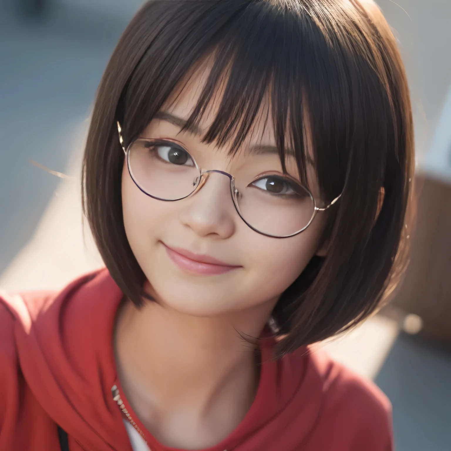 Bblack hair, Bob Cut, rimless eyewear, solid circle eyes, sad smile, アニメ, speed lines, ray tracing, motion-blur, ultra HD, anatomically correcte, best qualityer, high resolution, 8K
