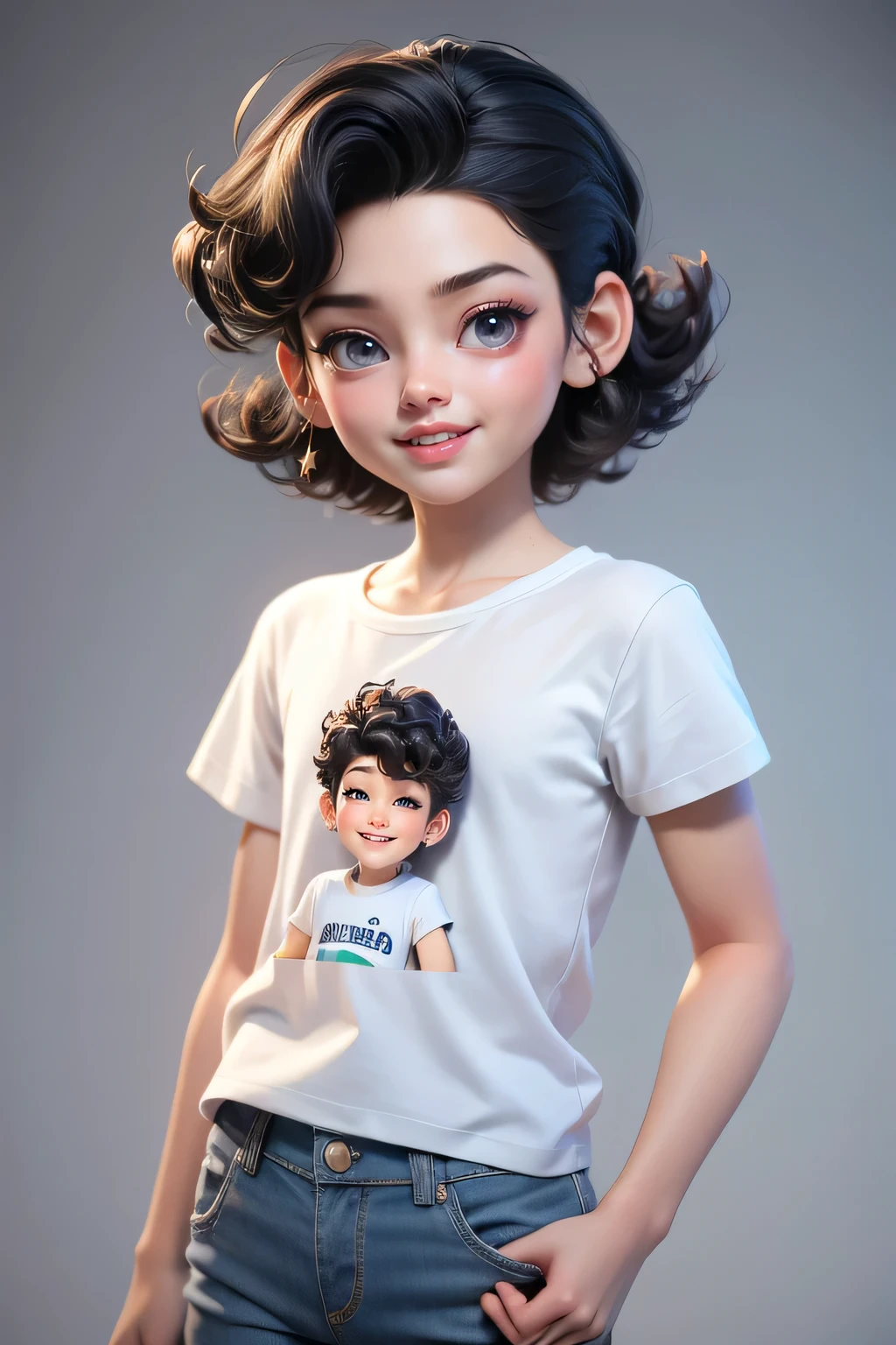 A couple,1 boy (5 yo) , , , handsome face, curly  hairstyle, , seductive smile, white casual t shirt, short pants, A hyper realistic carricature ,photorealism,of a 1 skinny girl 5 yo.with random hair style,standing,wearing blue casual t shirt ,jeans ,light smile, high detail,3d render,high definition. .grey background