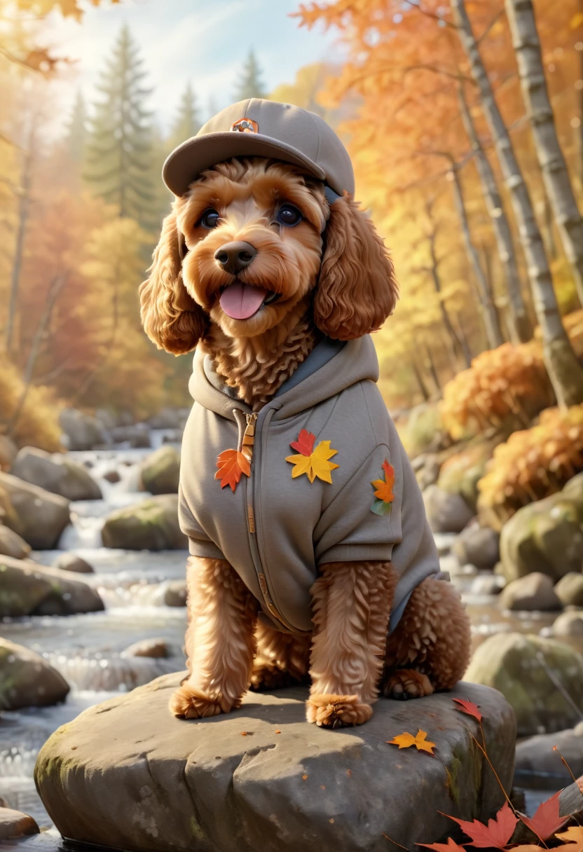 A cute brown Cavapoodle with fluffy fur wearing an urban outfit, one hoodie, and a classic flat cap, sitting on a rock by a picturesque autumn forest with colorful falling leaves and a serene river flowing nearby. The background is natural and tranquil, with an autumnal theme. Adorable Digital Painting, 3D rendered, warm lighting, vibrant colors, outside in the fall season