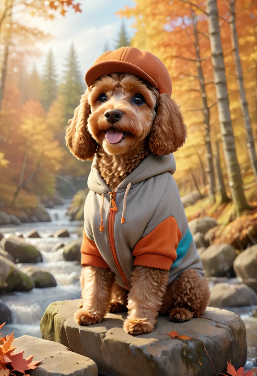 A cute brown Cavapoodle with fluffy fur wearing an urban outfit, one hoodie, and a classic flat cap, sitting on a rock by a picturesque autumn forest with colorful falling leaves and a serene river flowing nearby. The background is natural and tranquil, with an autumnal theme. Adorable Digital Painting, 3D rendered, warm lighting, vibrant colors, outside in the fall season