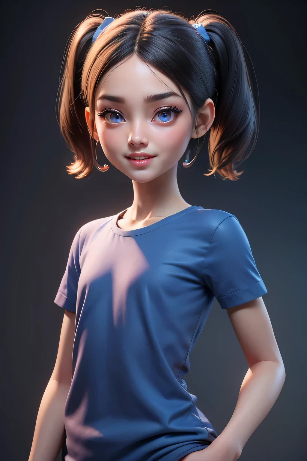 A hyper realistic carricature ,photorealism,of a skinny girl  5yo.with random hair style,standing.wearing blue tshirt ,light smile, high detail,3d render,high definition.medium body