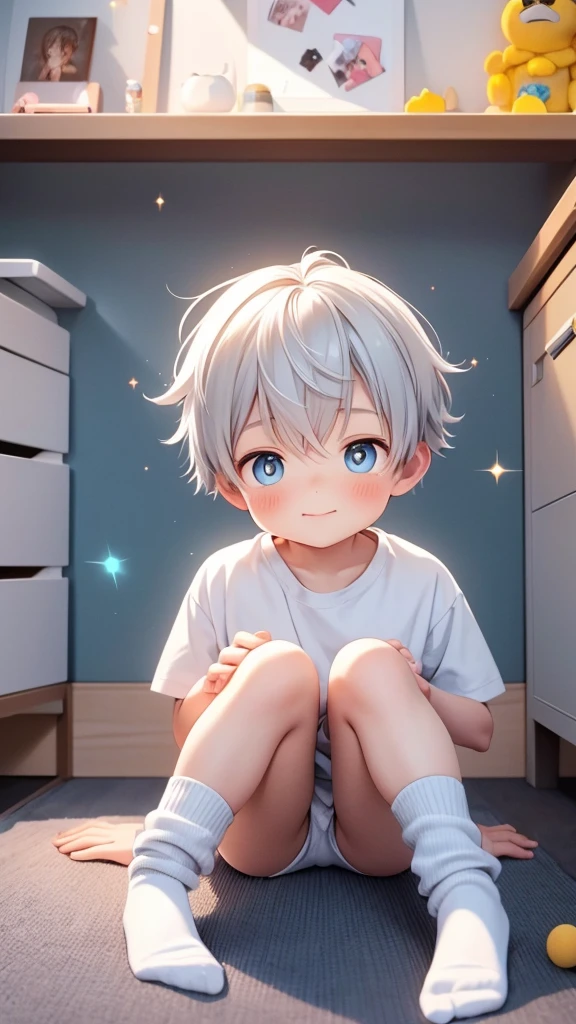 boy sitting on the floor with his legs crossed and with cute socks with children'sings his room is so cute and full of sparkles He has fluffy white hair