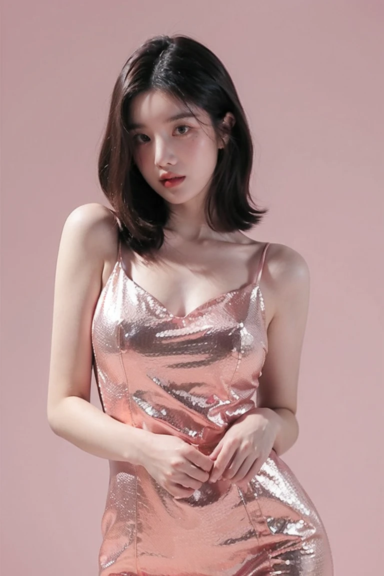 21yo girl, beautiful dress, pink background