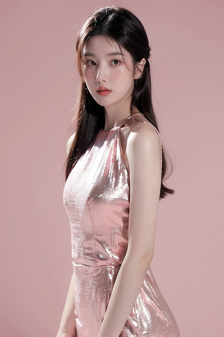 21yo girl, beautiful dress, pink background