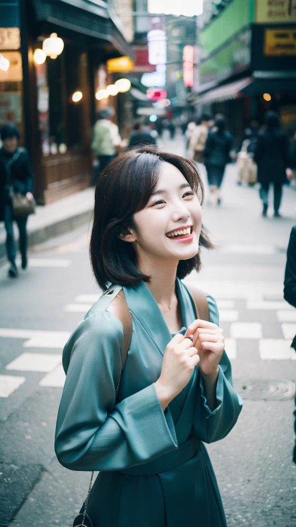 Cinematic Photo of a beautiful Korean fashion model laughing at viewer