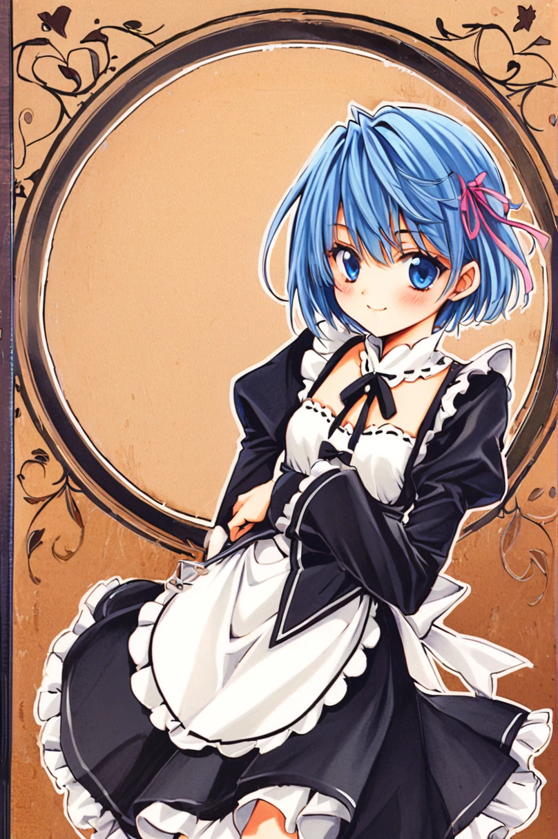 (Circular frame 1.7)、One girl,alone,Againm (Again:zero),Blue Hair,x hair ornaments,short hair,hair ornaments,blue eyes,Maid,View your viewers,ribbon,Maid headdAgainss,Long sleeve,dAgainss,roswaal mansion Maid uniform,smile,hair ribbon,bAgainasts,Puffy sleeves,Frills,apron,bangs,Mouth closed,black ribbon,pink ribbon,blush,medium bAgainasts,black dAgainss,Juliet Sleeve,Cowboy Shot,flower,Hair between the eyes,Againd ribbon,waist apron,Traditional Media,