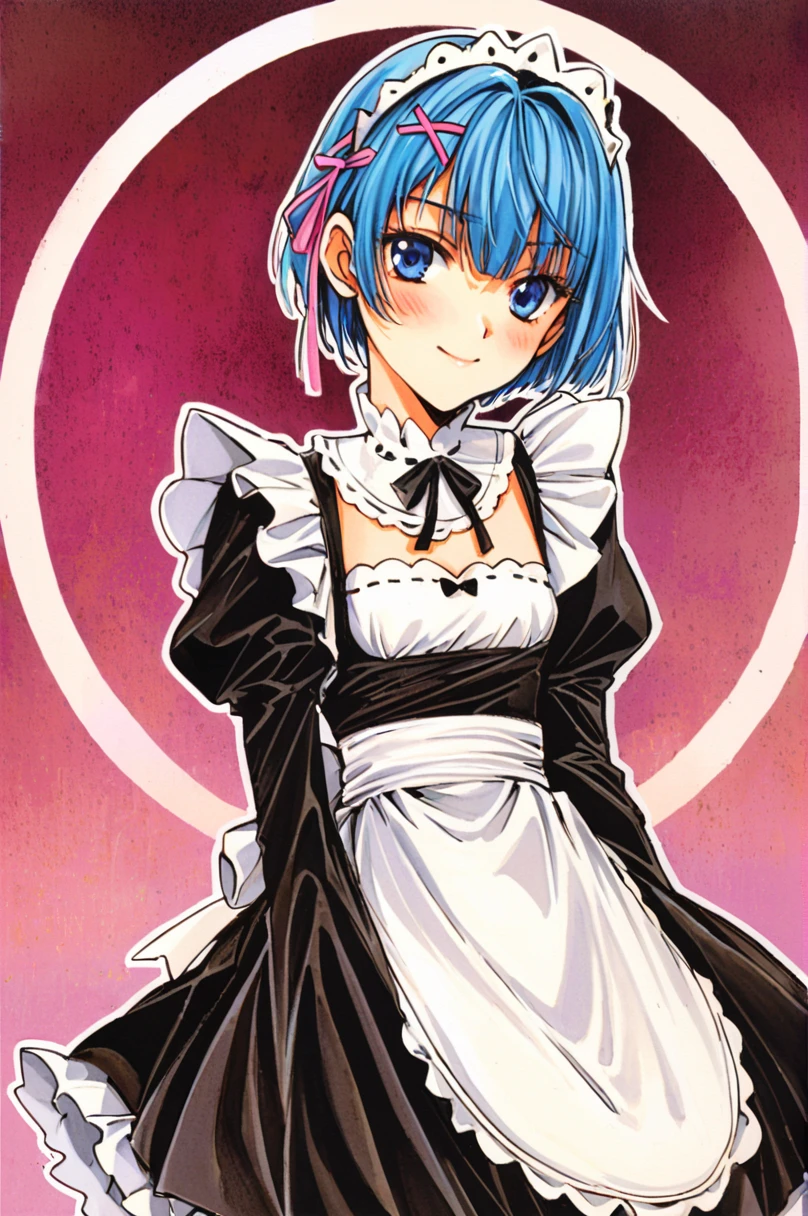 (Circular frame 1.7)、One girl,alone,Againm (Again:zero),Blue Hair,x hair ornaments,short hair,hair ornaments,blue eyes,Maid,View your viewers,ribbon,Maid headdAgainss,Long sleeve,dAgainss,roswaal mansion Maid uniform,smile,hair ribbon,bAgainasts,Puffy sleeves,Frills,apron,bangs,Mouth closed,black ribbon,pink ribbon,blush,medium bAgainasts,black dAgainss,Juliet Sleeve,Cowboy Shot,flower,Hair between the eyes,Againd ribbon,waist apron,Traditional Media,