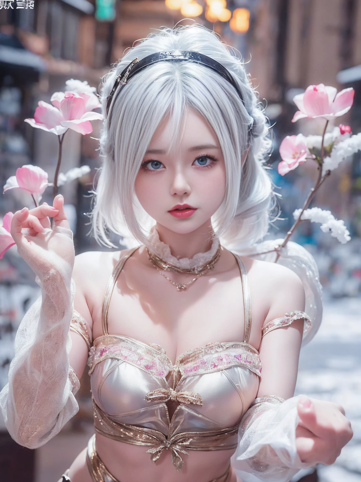 (((masterpiece))), Highest quality, shape, 4k wallpaper, Cinematic Light, Absurd, One Girl,(snow,ice), snowの花, In winter, Gray Hair, Shiny Hair, Wavy Hair, Transparent clothes, Frills, Race, Wet clothes, off_shoulder, Hair Scrunchie,masterpiece, Telescope Lens, Absurd, GRaceful featureovie Posting,Poster composition,Strike a pose gRacefully,Classic,Natural light,Soft Light,(The Seven Doppelgangers) ,wonderful,Dreams are magical,mysterious、sex appeal、sexy、Ecstasy、Sex Appeal、