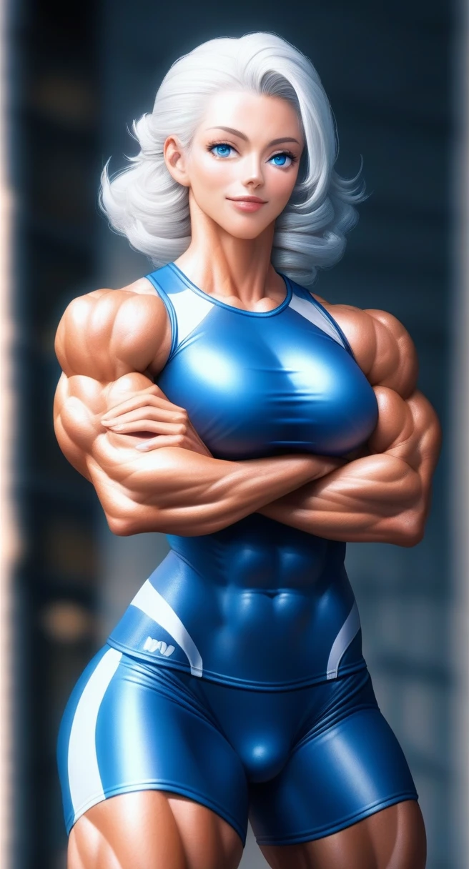身穿Tight sportswear的muscle发达的白人womanStanding拍照, extremely detailed, woman,Animation Style,muscle,Standing,Cross your arms,White hair,Medium-length hairstyle,Tight sportswear,Blue Eyes,Smile confidently