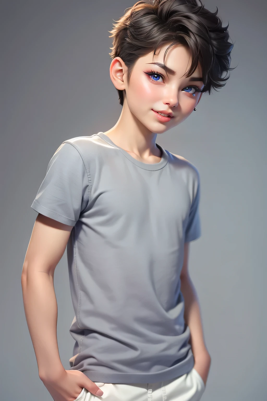 1  boy  (10 yo) , ,, handsome face, random  hairstyle, , seductive smile, grey casual 
t  shirt, short pants, gray background