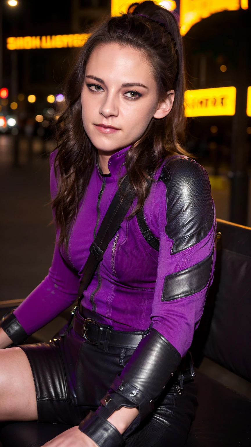 (masterpiece), (photorealistic1.4), (epiCRealLife), (lora:KateBishopFNLoRA:1.0 ribbed bodysuit costume), (KateBishopFNLoRA black leather pants), (KateBishopFNLoRA utilities belt), (leg holster) (KateBishopFNLoRA black gloves), (Kate Bishop Purple Costume),, (epiCFlashPhoto), (harness), (medium height), (ponytail), (young woman), ,(flashphoto), (flash photography), (make up) ,(kst3w-v2 ), (Kristen Stewart), (Kristen Stewart light smile), (outdoor), (sitting on bench), (New York City Street), (neon lights), (look at viewer), (walking),