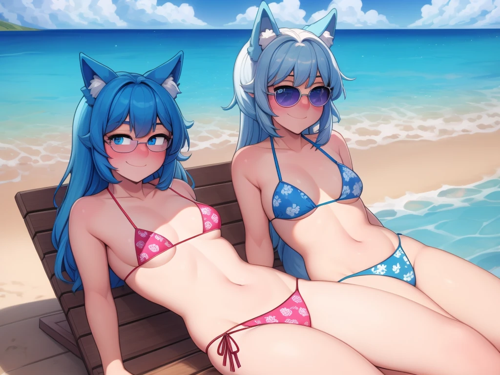 (Masterpiece) (High Detail) (High Res) A short little slim humanoid girl with pale human skin and blue eyes and long blue hair and blue dog ears and a fluffy blue dog tail and average breasts. She is sat in a deck chair on the beach and is wearing a colourful patterned bikini top and colourful patterned bikini bottoms and a pair of sunglasses. She has blushing cheeks and looks cheerful.
