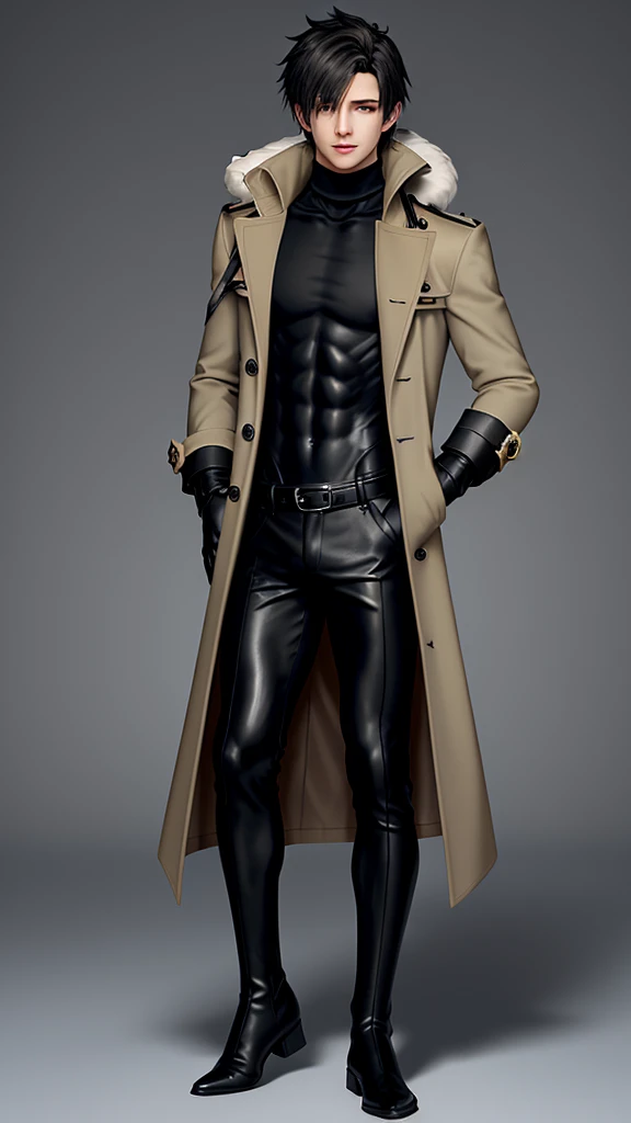 Final fantasy taste and reality graphics, Japanese young cute and cool ikemen  boy, his age is early 20s, thin eyebrows and beady eyes,  he wearing light brown color trench coat, with epaulet, , trench coat with belt on the waist, neck collar is black color fur, trench coat cloth the front, also wearing black thick turtleneck lackluster shirts,  tight black leather pants, shiny black leather tight and thin glove, black leather knee-high raceup boots,must views  head-to-toe,must views whole body, boy looks like fashion model,Do not show skin from the neck down,leather jacket leather glove and leather pants have few wrinkles,boy in the room,