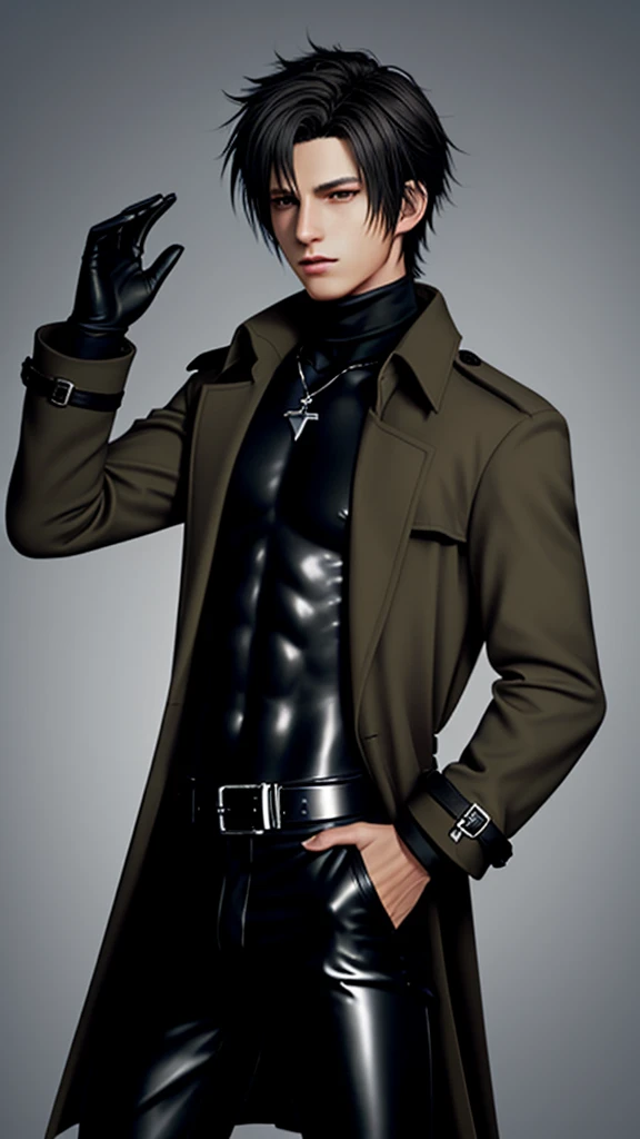 Final fantasy taste and reality graphics, Japanese young cute and cool ikemen  boy, his age is early 20s, thin eyebrows and beady eyes,  he wearing light brown color trench coat, with epaulet, , trench coat with belt on the waist, neck collar is black color fur, trench coat cloth the front, also wearing black thick turtleneck lackluster shirts,  tight black leather pants, shiny black leather tight and thin glove, black leather knee-high raceup boots,must views  head-to-toe,must views whole body, boy looks like fashion model,Do not show skin from the neck down,leather jacket leather glove and leather pants have few wrinkles,boy in the room,