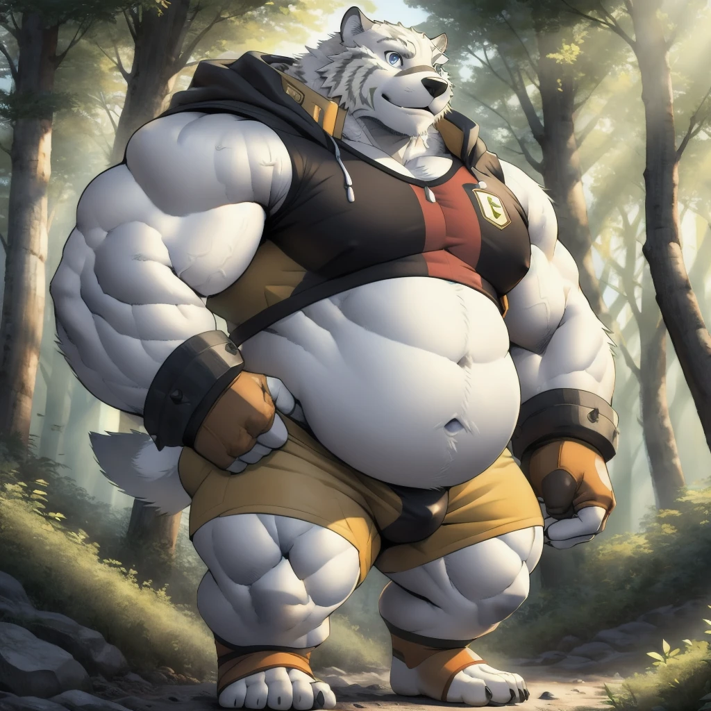 Animal kingdom Tank Hero Academia Shonen Anime style, full body image, Casual, neighborhood style, big obese teen, in sport clothes, He is a huge obese Sumo in huge obese weight gain process, detailed face, detailed eyes, detailed nose, defined face, big belly, high resolution settings, settings to fix face, high resolution settings, face fix settings, Whismical model, detailed eyes, detailed hands best quality,realistic lighting, male, anthro,muscular, muscular male, solo, bodily fluids, abs, pecs, muscular anthro, hi res, nipples, detailed background, forest, (yohei:1.2), (perfect eyes:1.2),white fur,  (ultra detailed paws), Wearing a thong