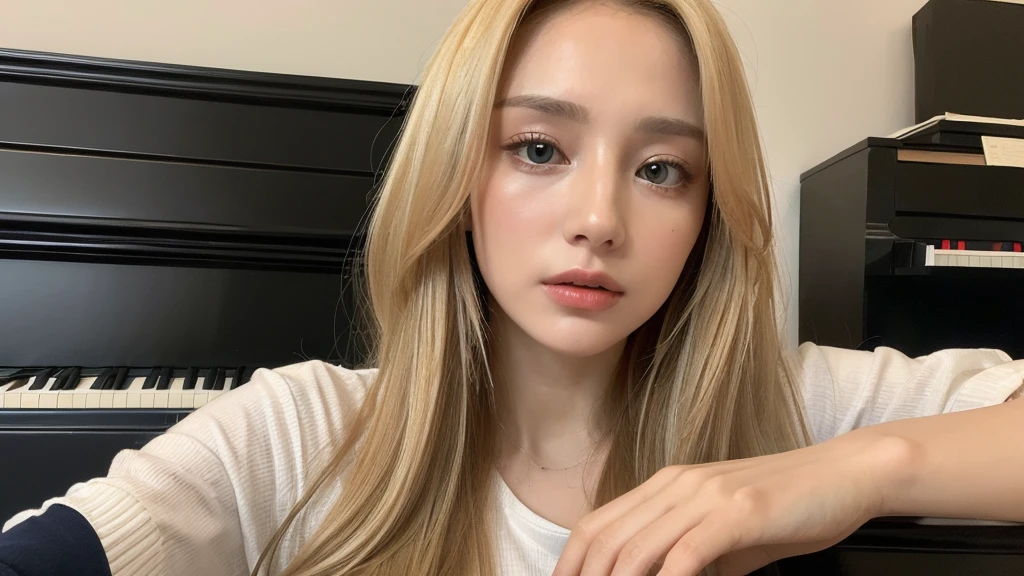 playing piano((best quality, 8k, masterpiece: 1.3)), ((beautiful russian woman)), 1 female, small breasts: 1.3, slim figure: 1.1, toned abs, Blonde semi-long hair, (office, Transparent T-shirt), Super detailed face, Detailed lips, delicate eyes, double eyelids, Realistic photo
