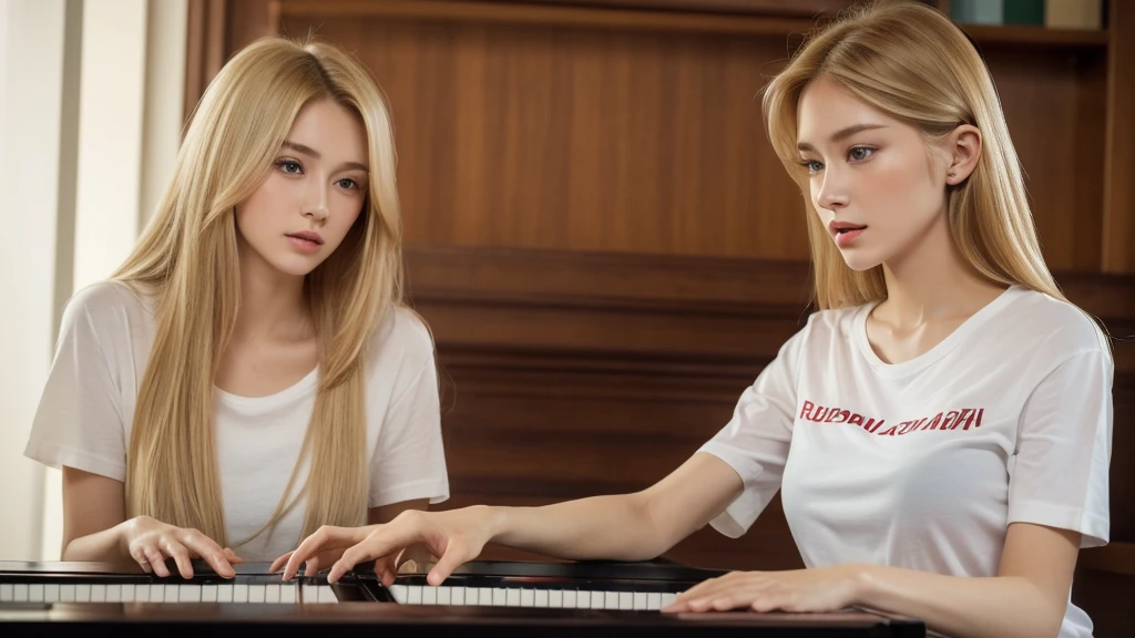 playing piano((best quality, 8k, masterpiece: 1.3)), ((beautiful russian woman)), 1 female, small breasts: 1.3, slim figure: 1.1, toned abs, Blonde semi-long hair, (office, Transparent T-shirt), Super detailed face, Detailed lips, delicate eyes, double eyelids, Realistic photo
